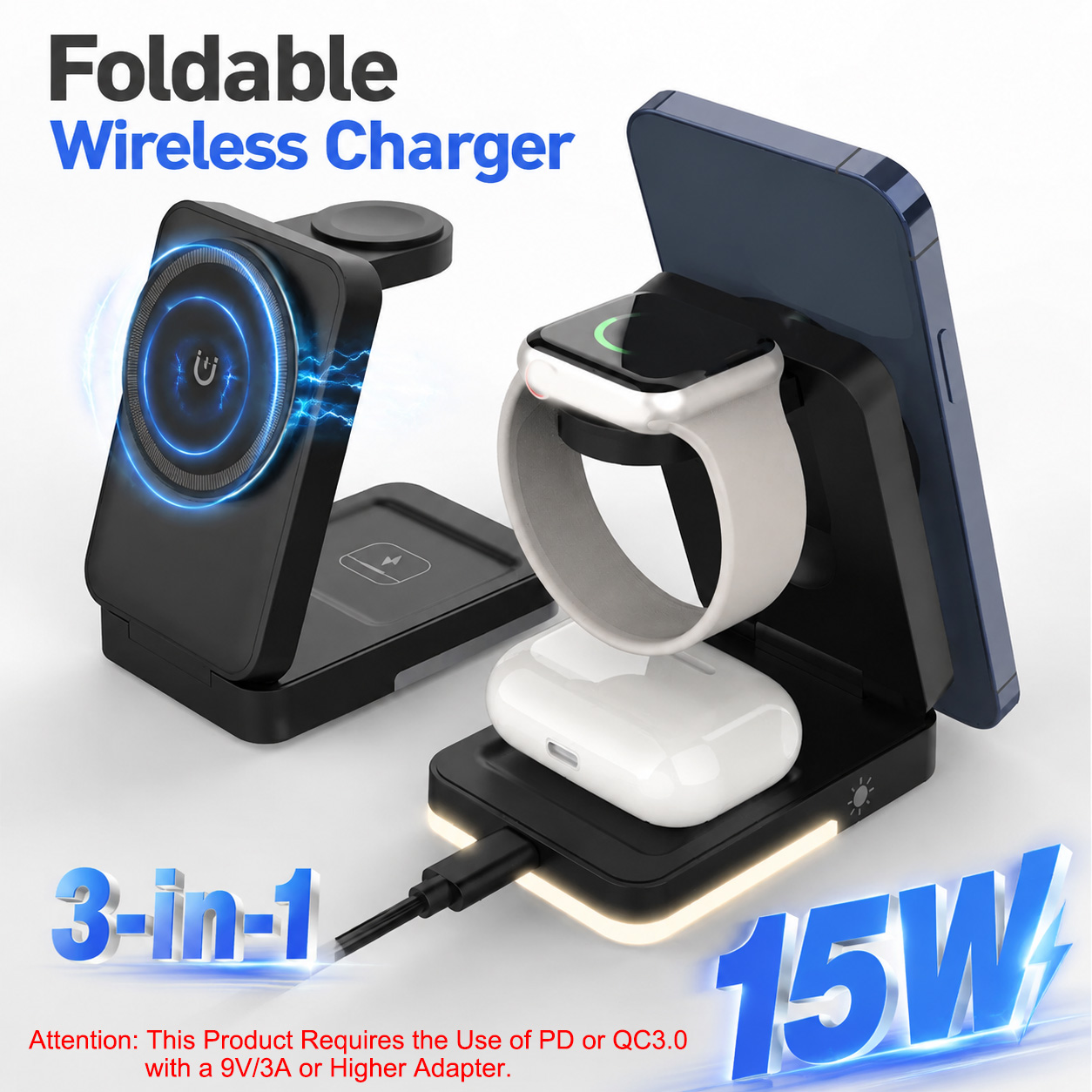 Usb C Earphone - 3-in-1 Faltbares Kabelloses Ladegerät 15W Magnetisches
