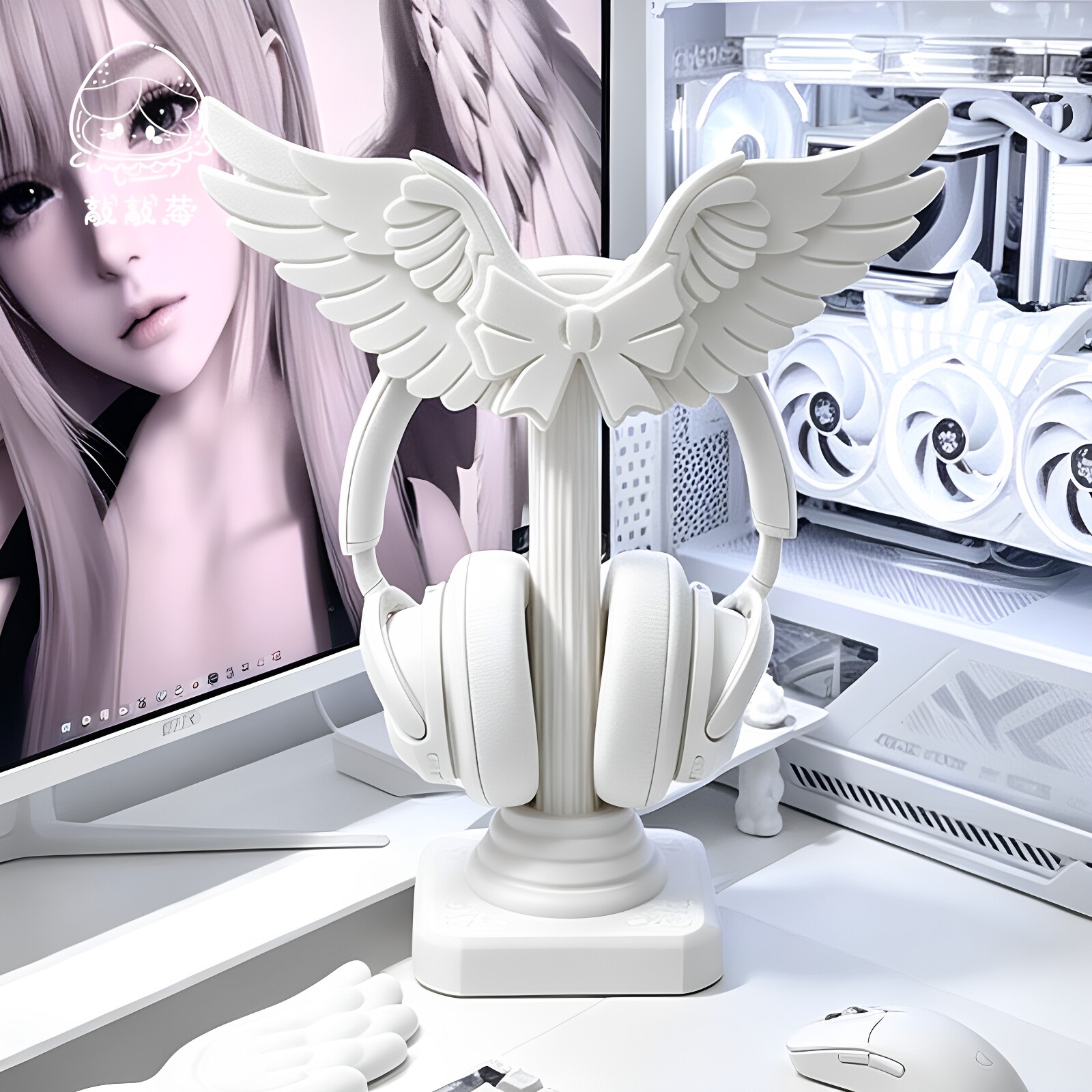 Headphone Stand Desk - Niedlicher Engelsflügel-Kopfhörerhalter, 3D-Druck, römischer Säulen-Kopfhörerständer, Seidenweiß,